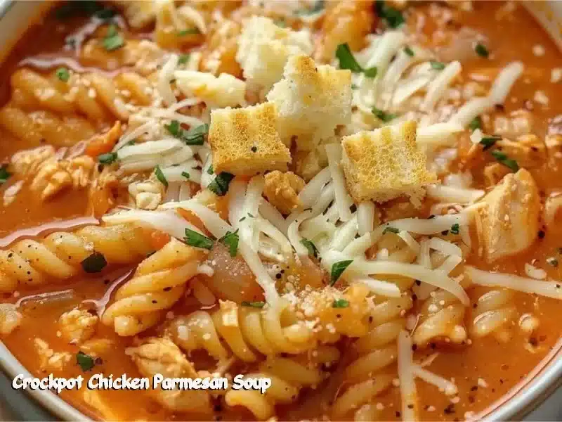 Bowl of delicious crockpot Chicken Parmesan Soup topped with cheese and herbs