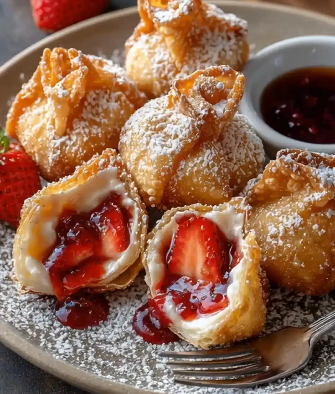 Deep-fried strawberry cheesecake wonton bites on a serving plate