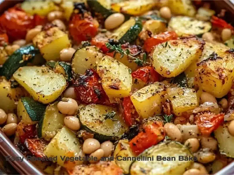 Easy roasted vegetable and cannellini bean bake in a rustic dish