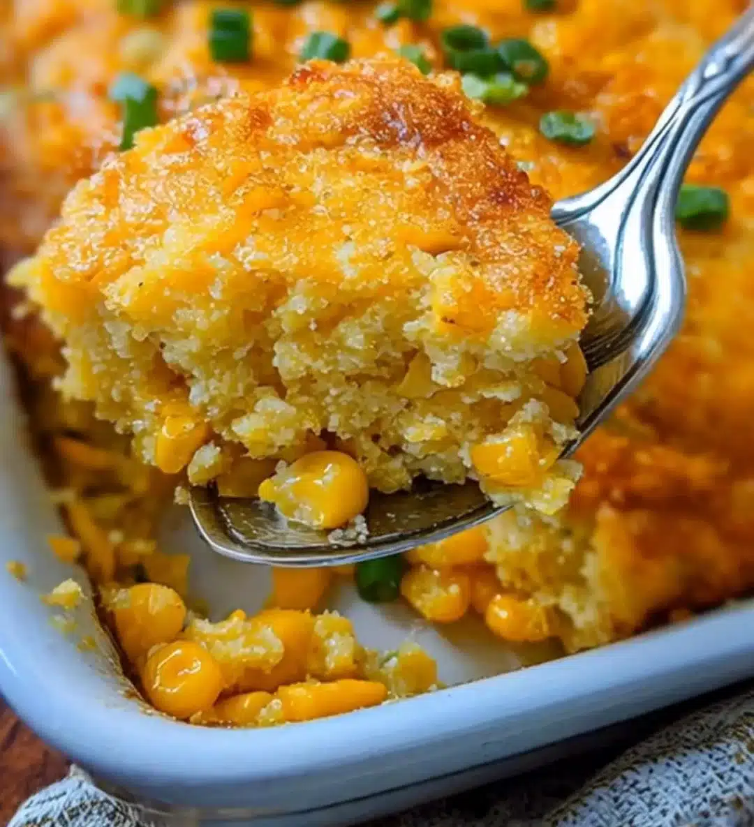 Easy Sweet & Savory Corn Casserole 1 Easy sweet and savory corn casserole dish served in a white bowl
