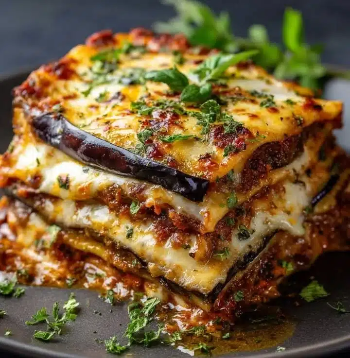 Delicious homemade eggplant lasagna layered with cheese and marinara sauce