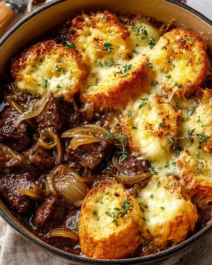 French onion beef stew with a crispy cheesy bread topping