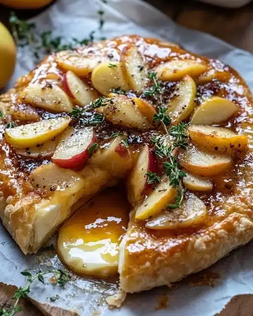 Golden Baked Brie with caramelized apples and thyme on a serving platter.
