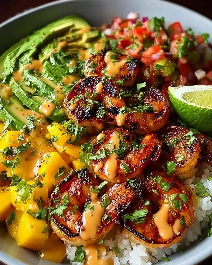Grilled Shrimp Bowls with Mango Salsa & Lime-Chili Drizzle 1 Grilled shrimp bowls with mango salsa and lime-chili drizzle