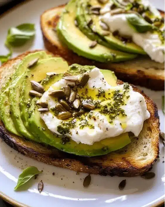 Grilled Sourdough with Avocado, Burrata and Herby Vinaigrette 1 Grilled sourdough topped with avocado, burrata, and herby vinaigrette on a plate.