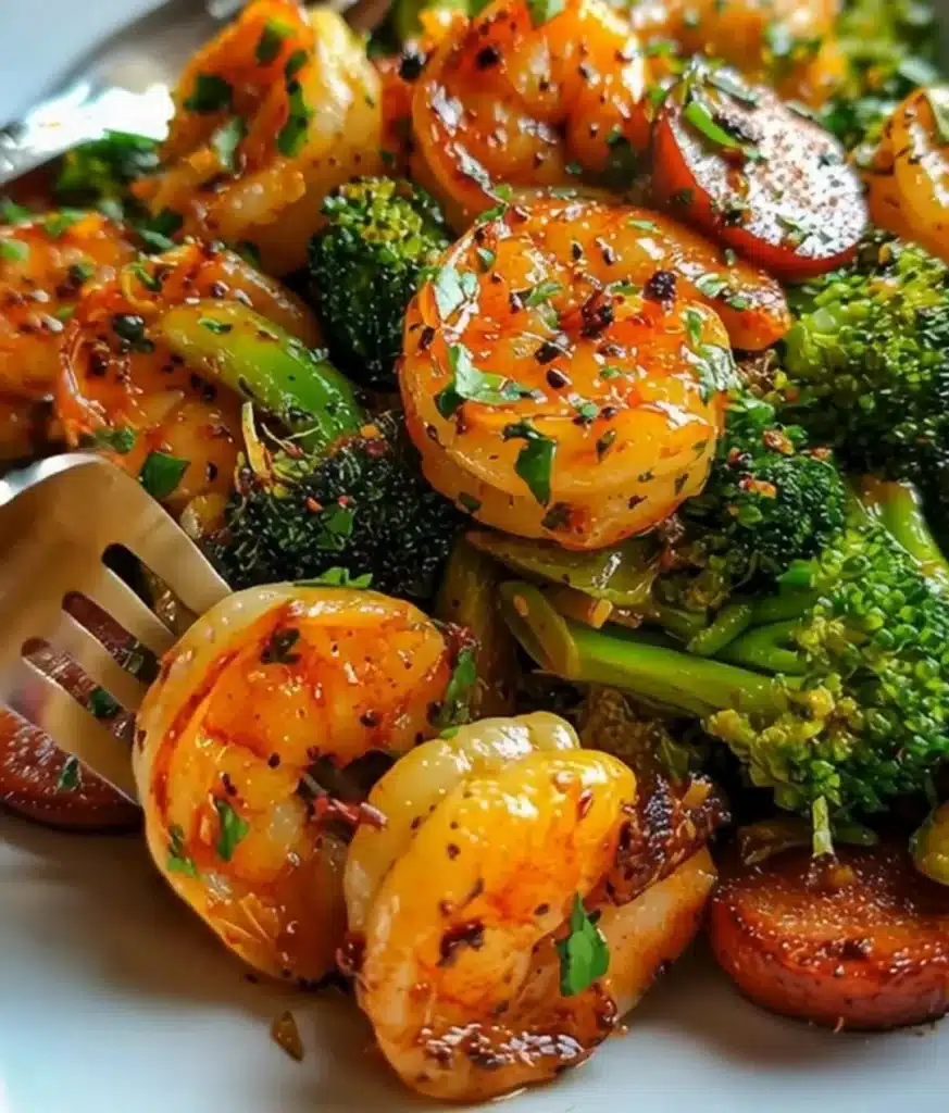 Delicious Honey Garlic Shrimp with sausage and broccoli served on a plate.