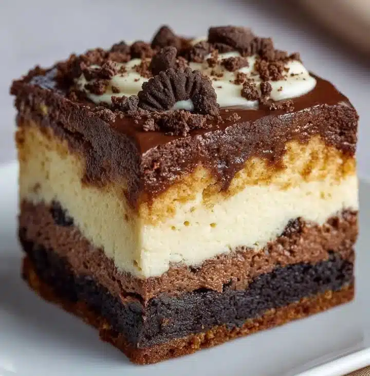 Layer Cookie Box Brownie Cheesecake dessert with chocolate, cookies, and cheesecake layers