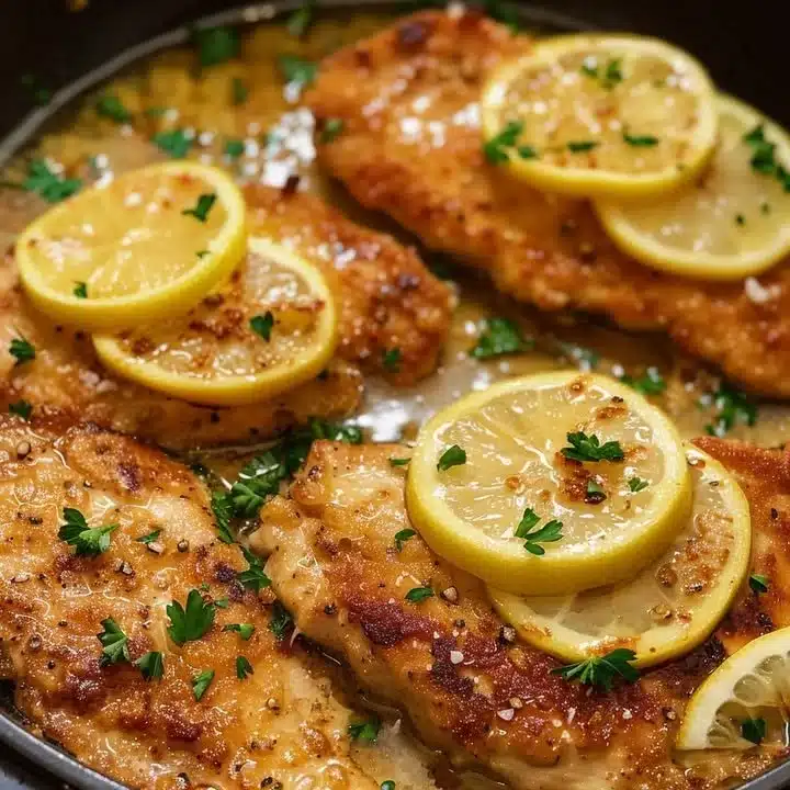 Lemon Butter Chicken French Style served with herbs and lemon slices