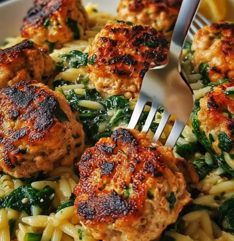 Lemony Chicken Ricotta Meatballs served on a bed of Garlic Spinach Orzo