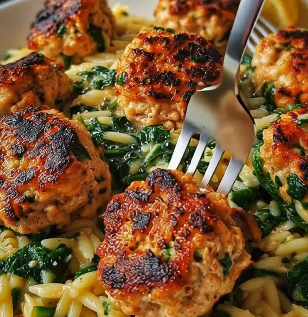 Lemony Chicken Ricotta Meatballs Over Garlic Spinach Orzo 1 Lemony Chicken Ricotta Meatballs served on a bed of Garlic Spinach Orzo