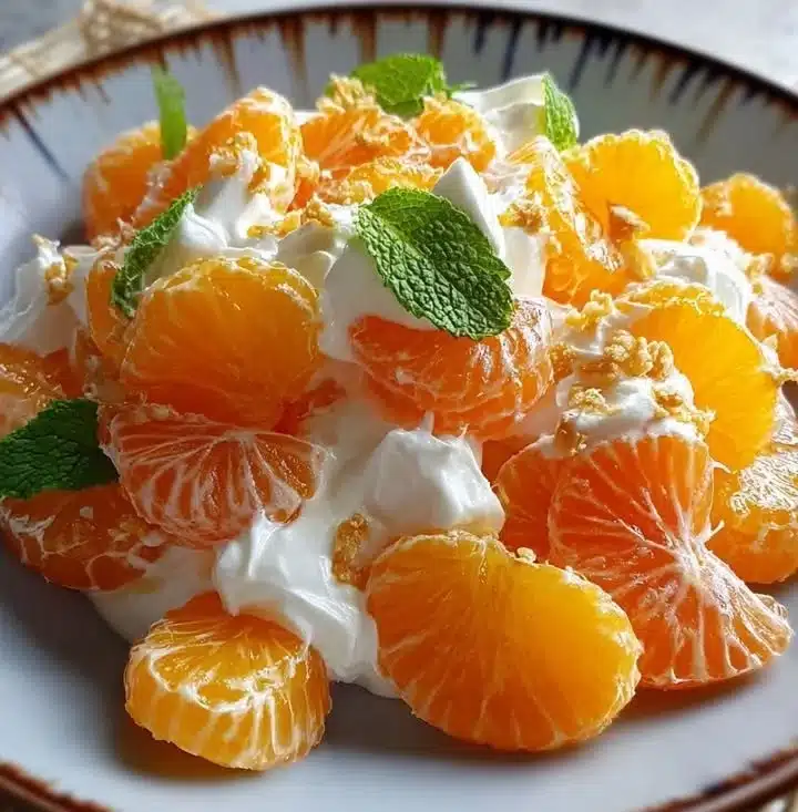 A colorful Mandarin Orange Salad with greens, nuts, and dressing.