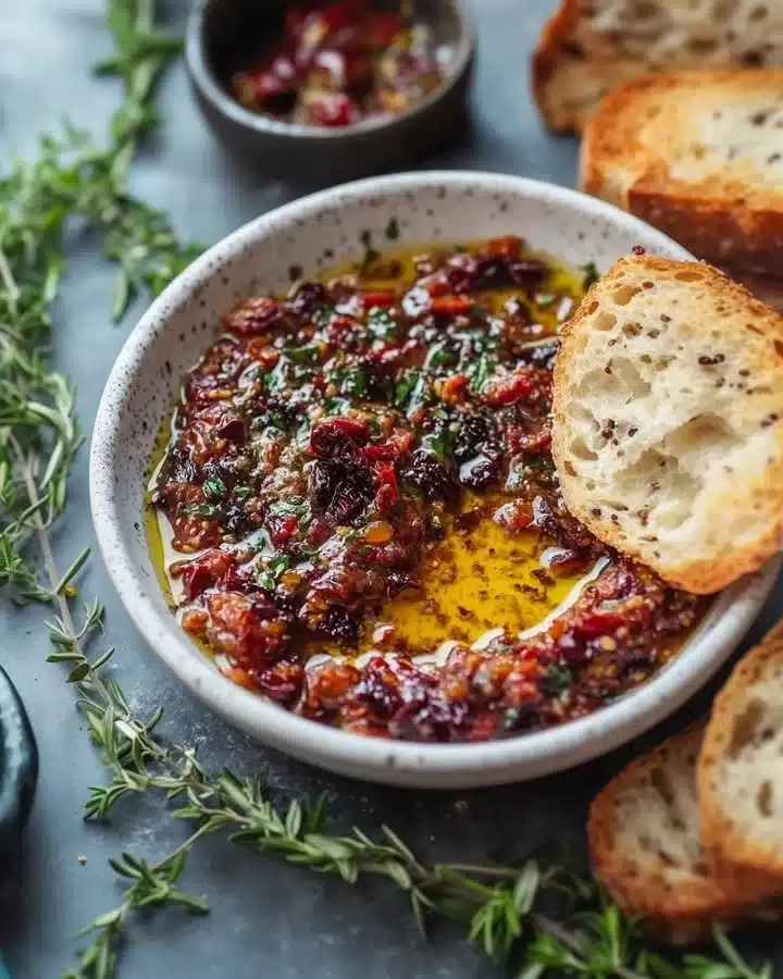 Mediterranean olive oil dip with herbs and spices served in a bowl