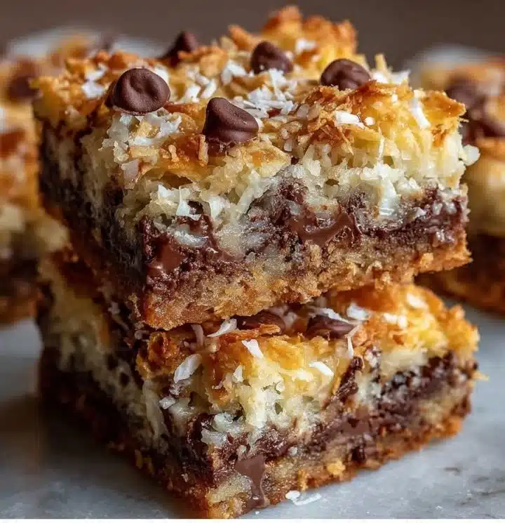 Millionaire Magic Bars 1 Delicious Millionaire Magic Bars with chocolate, caramel, and coconut layers.