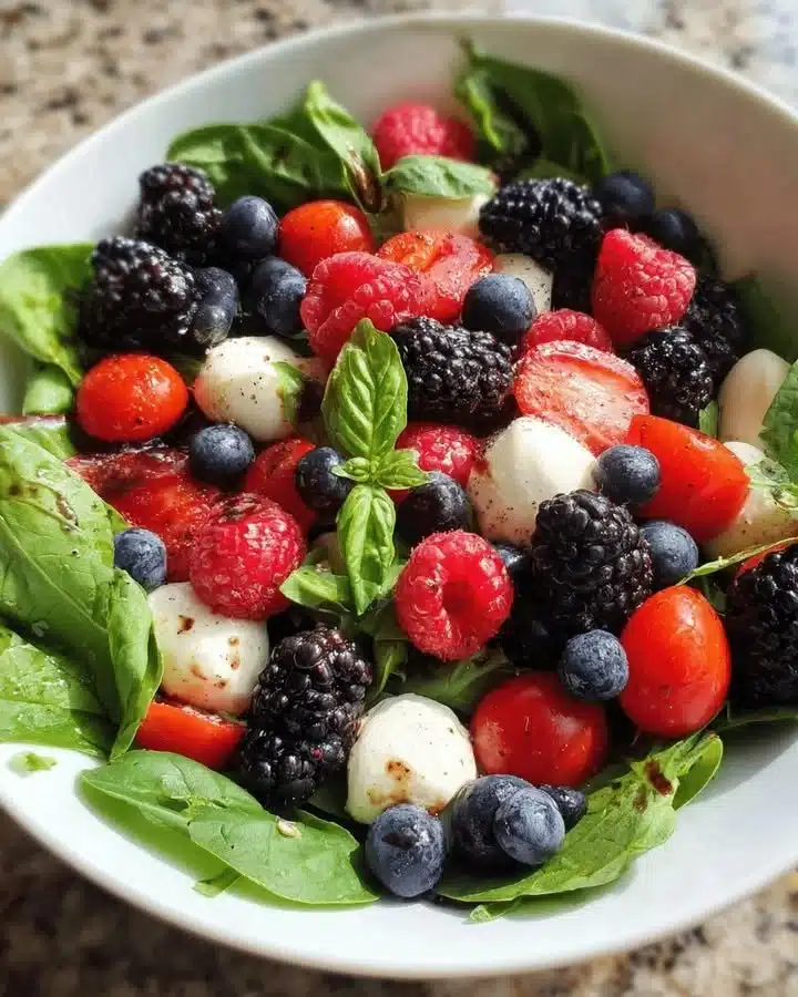 Mixed Berry Caprese Salad with fresh mozzarella, basil, and vibrant berries