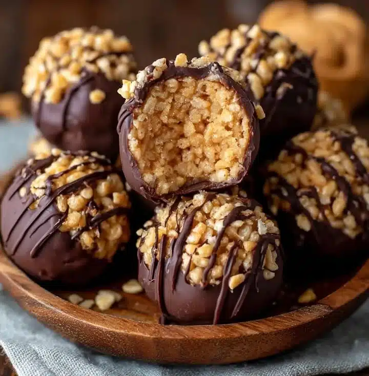 Homemade peanut butter balls with Rice Krispies, delicious and easy dessert.