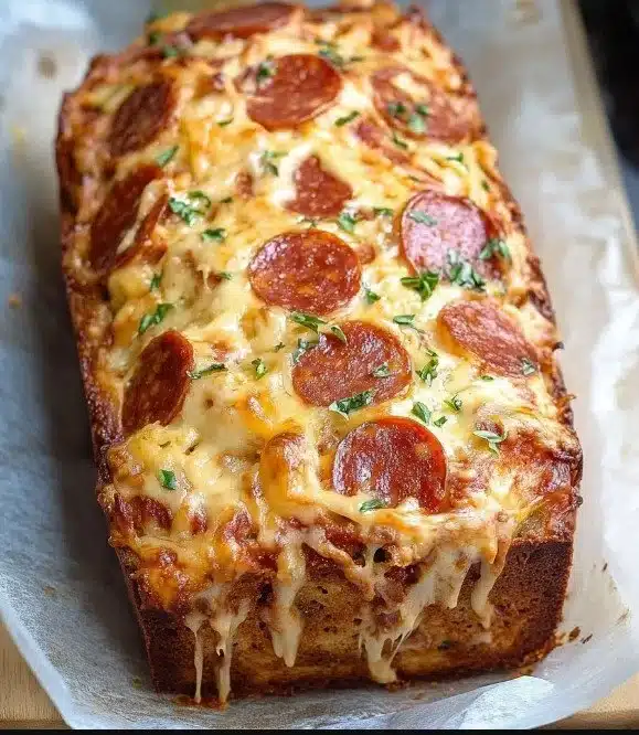 Delicious pepperoni and cheese quick bread loaf with golden crust