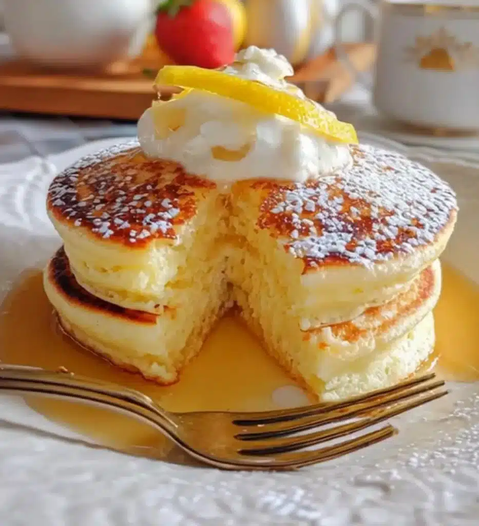 Stack of fluffy lemon soufflé pancakes topped with syrup and lemon zest