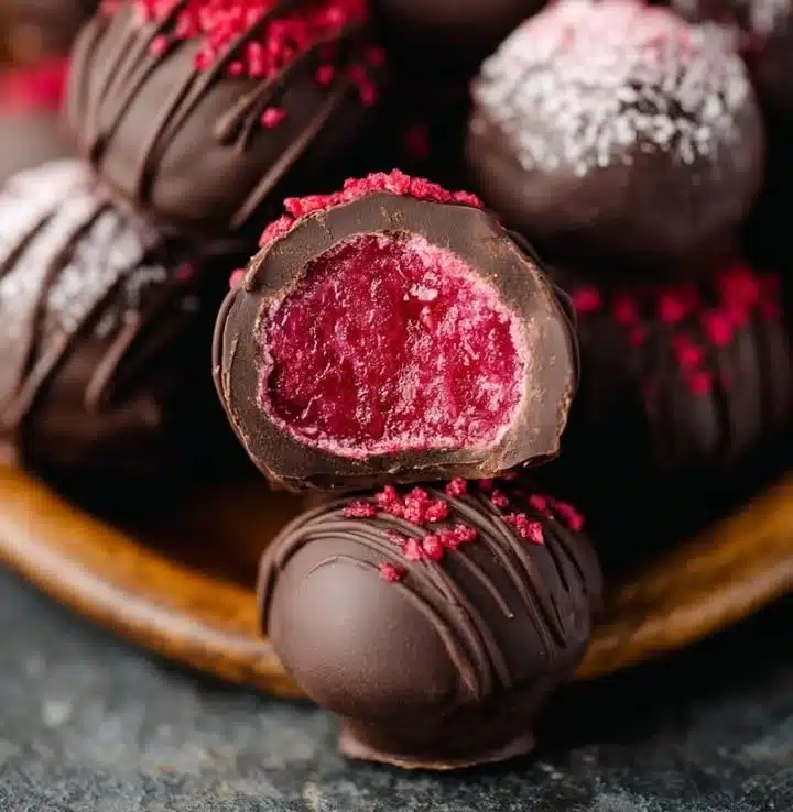 Raspberry Truffles 1 Delicious Raspberry Truffles arranged on a decorative plate.