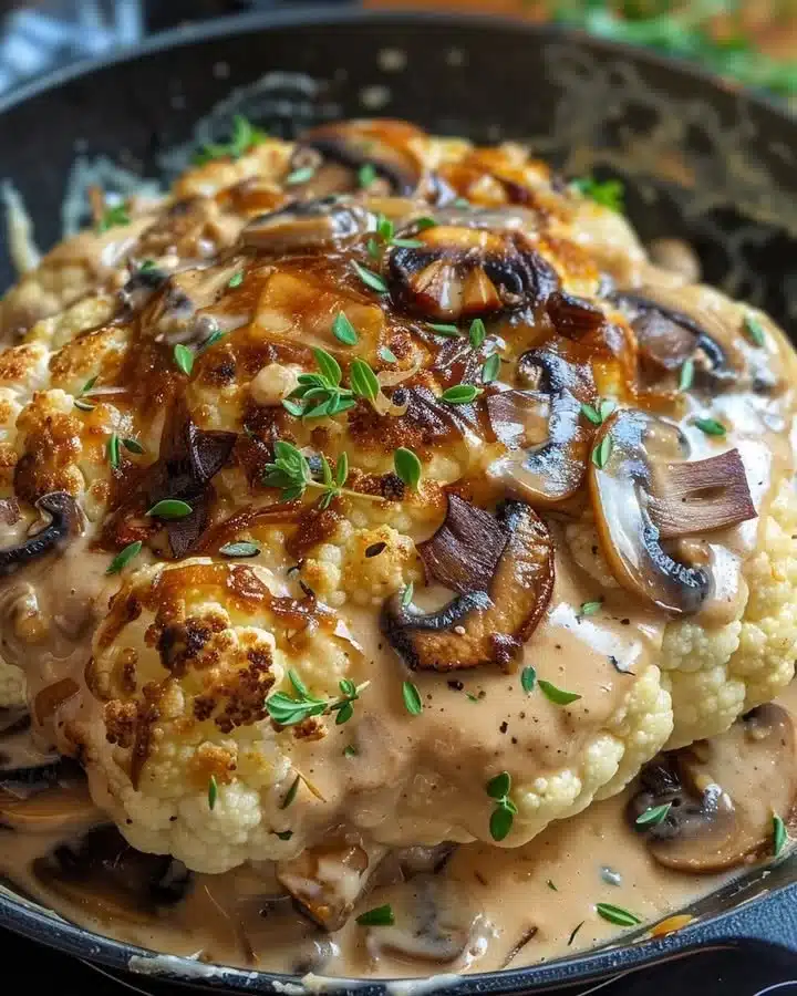 Roast Head of Cauliflower with Silky Mushroom and Gruyère Sauce 1 Roast head of cauliflower with mushroom and Gruyère cheese sauce on a plate.