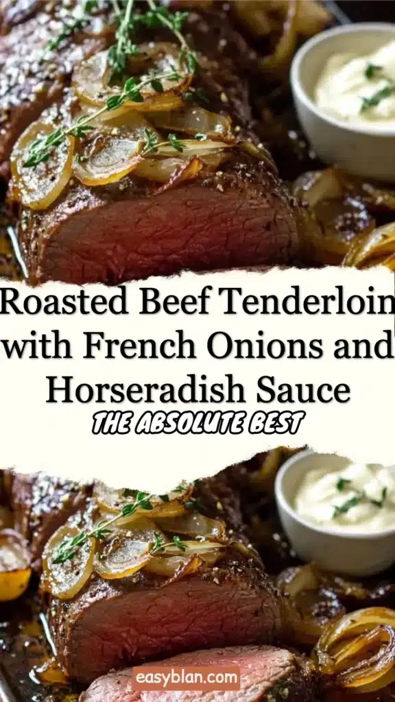 Roasted beef tenderloin with French onions and horseradish sauce