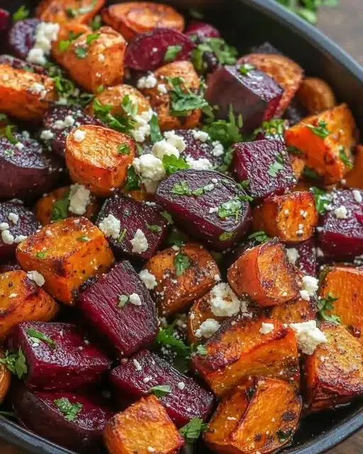 Roasted Beets and Sweet Potatoes with Feta and Cilantro 1 Dish of roasted beets, sweet potatoes, feta cheese, and cilantro
