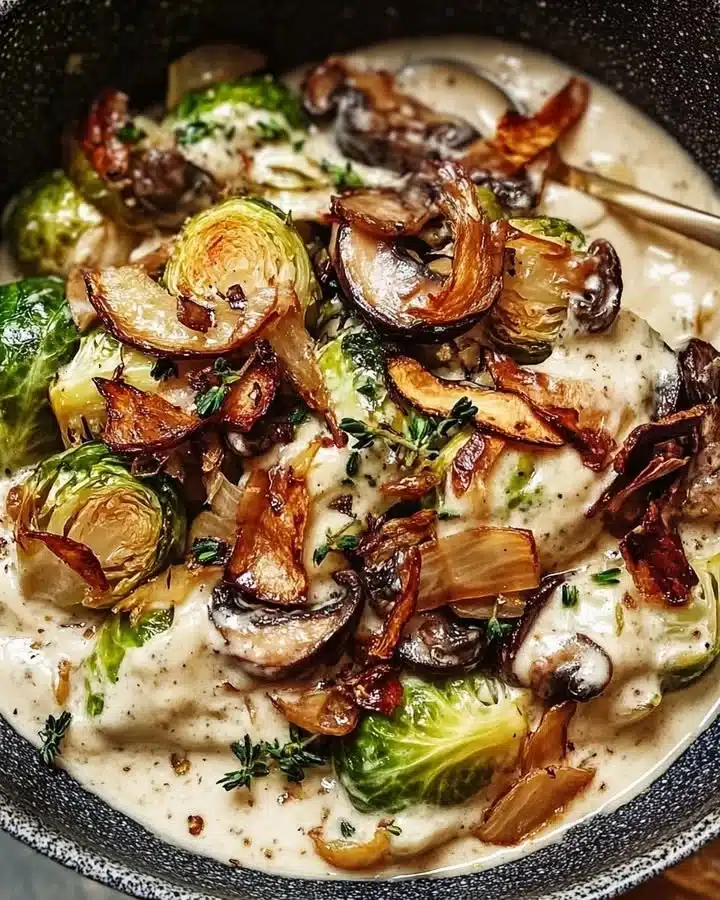 Roasted Brussels Sprouts with creamy wild mushrooms and crispy shallots served on a plate.