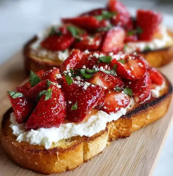 Roasted strawberry whipped ricotta toast topped with fresh strawberries on bread