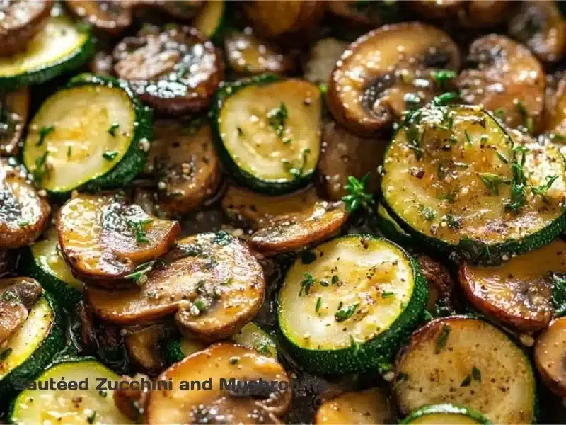 Sautéed Zucchini and Mushrooms 1 Sautéed zucchini and mushrooms in a skillet, fresh and healthy vegetable dish.