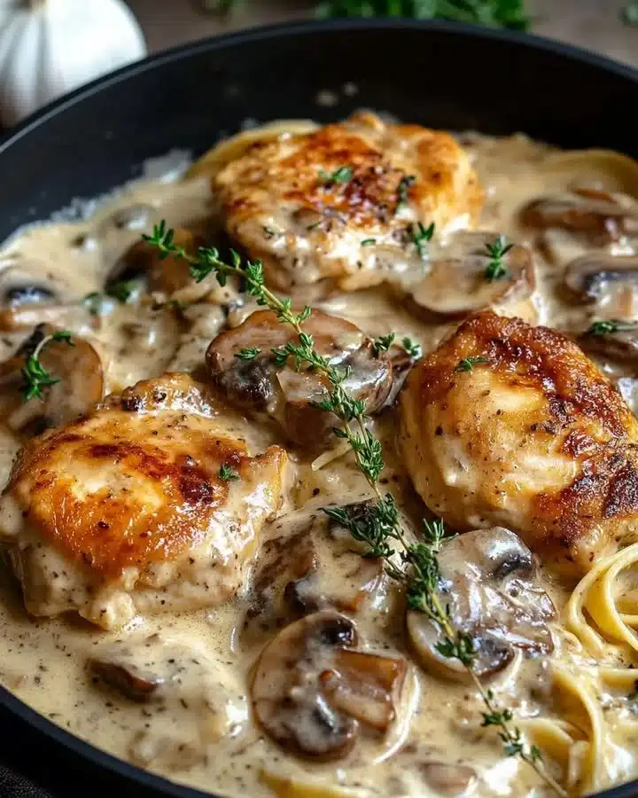 Savory chicken in creamy Asiago mushroom sauce served on a plate