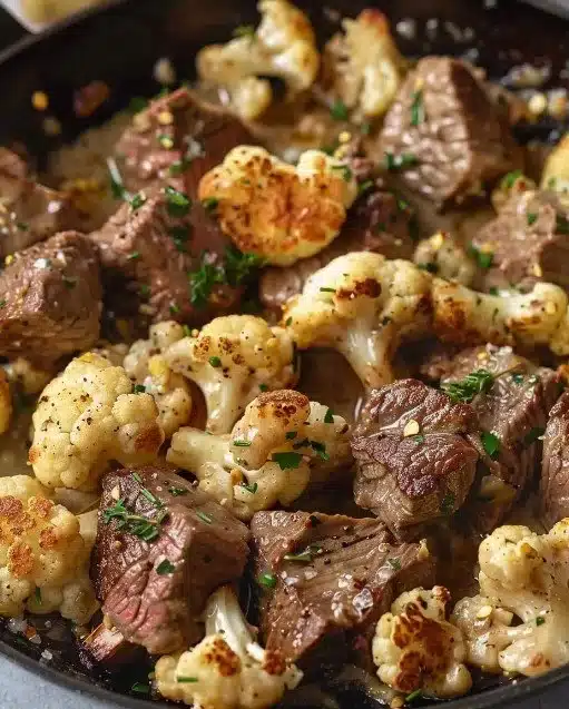 Savory Steak and Cauliflower in Cream Sauce 1 Savory steak and cauliflower dish in cream sauce on a plate