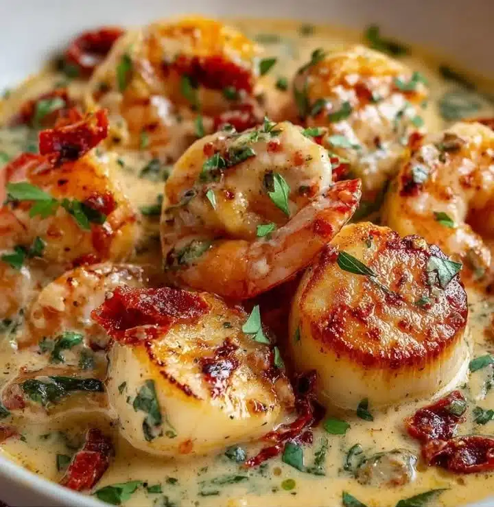 Scallops and Shrimp with Creamy Sun-Dried Tomato Sauce 1 Scallops and shrimp in creamy sun-dried tomato sauce served in a bowl.