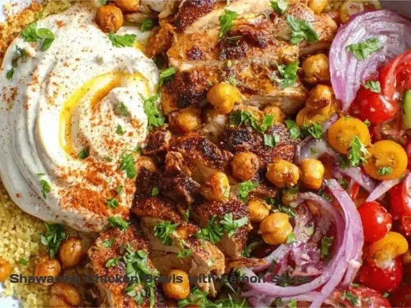 Shawarma Chicken Bowls with Lemon Sauce 1 Delicious shawarma chicken bowl topped with lemon sauce and fresh herbs
