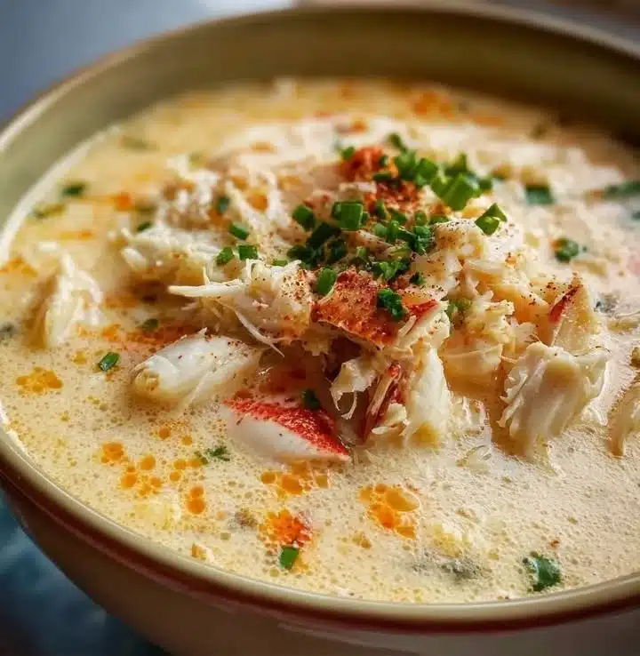 Bowl of homemade She-Crab Soup topped with crab meat and herbs