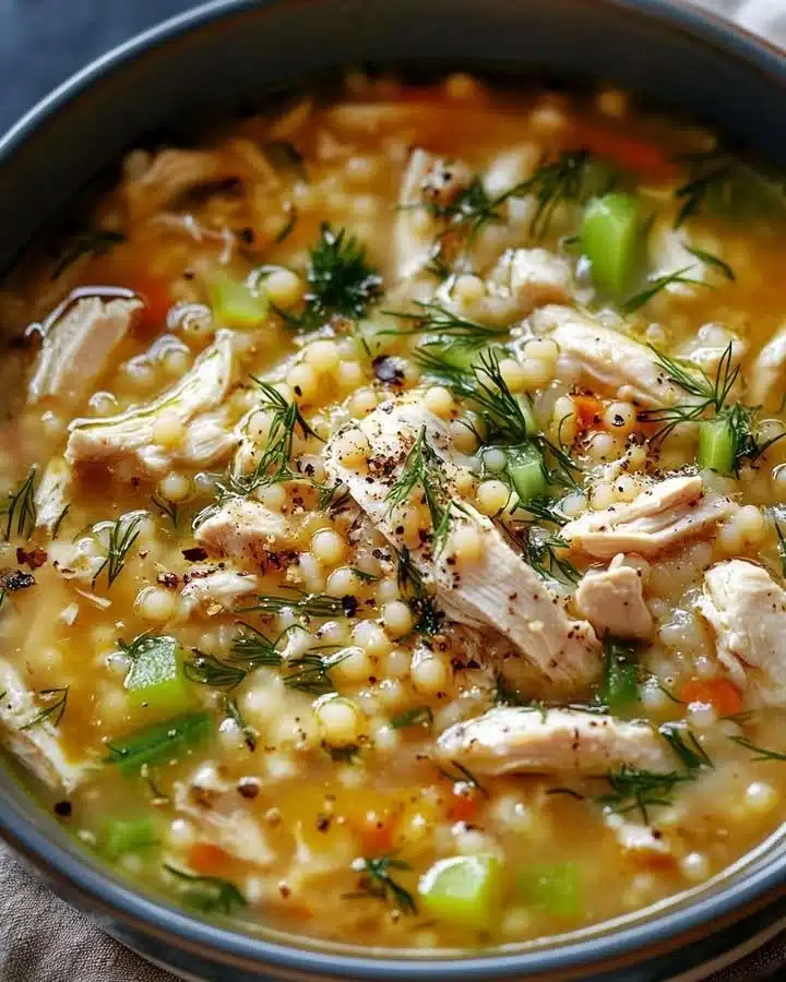 Bowl of Simple & Soothing Chicken-Pearl Couscous Soup garnished with herbs