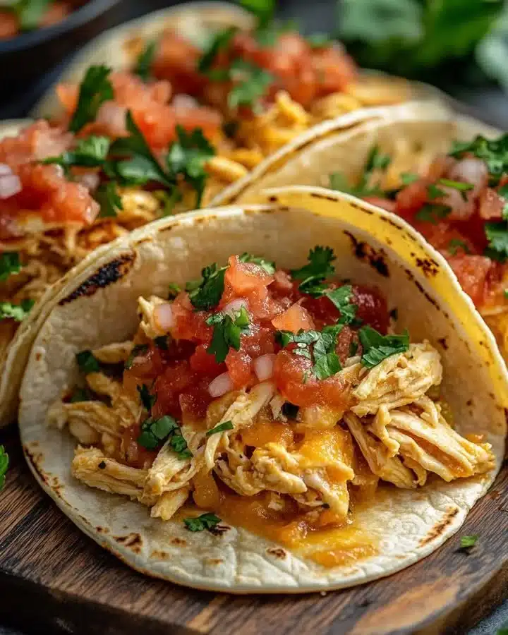 Slow cooker chicken tacos topped with salsa queso, a delicious meal idea.