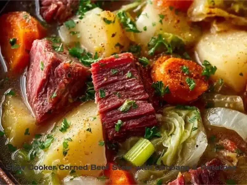 Slow cooker corned beef stew with cabbage and potatoes in a bowl