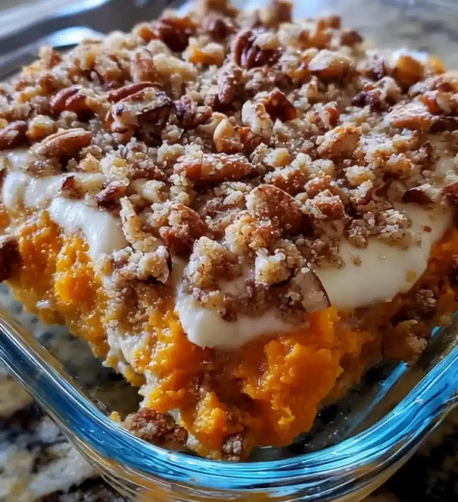 Delicious Southern sweet potato casserole topped with marshmallows and pecans.