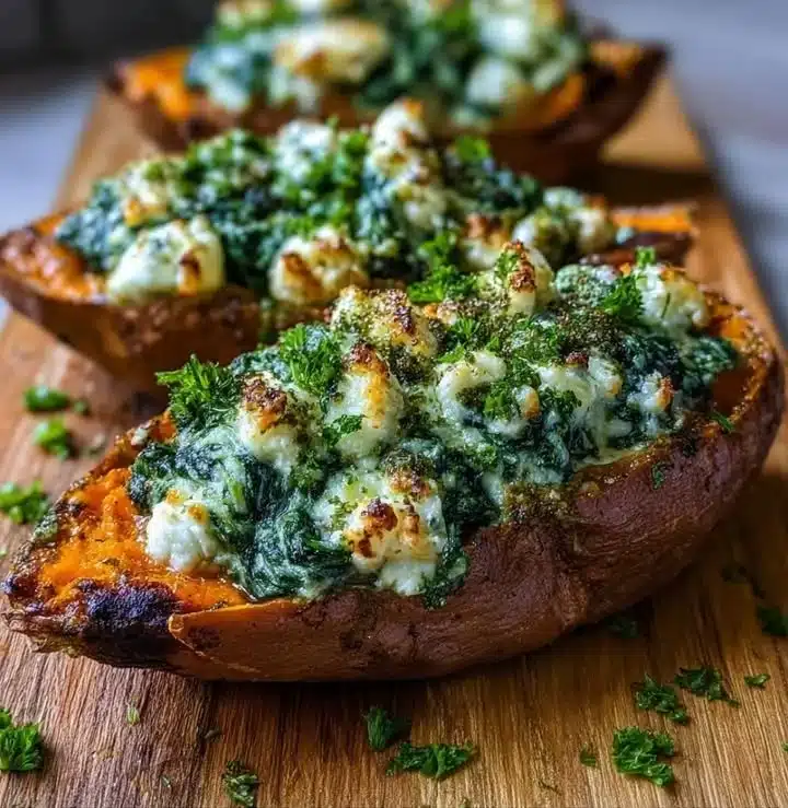 Spinach & Ricotta Stuffed Sweet Potatoes with Herb Drizzle 1 Spinach and ricotta stuffed sweet potatoes with herb drizzle on a plate