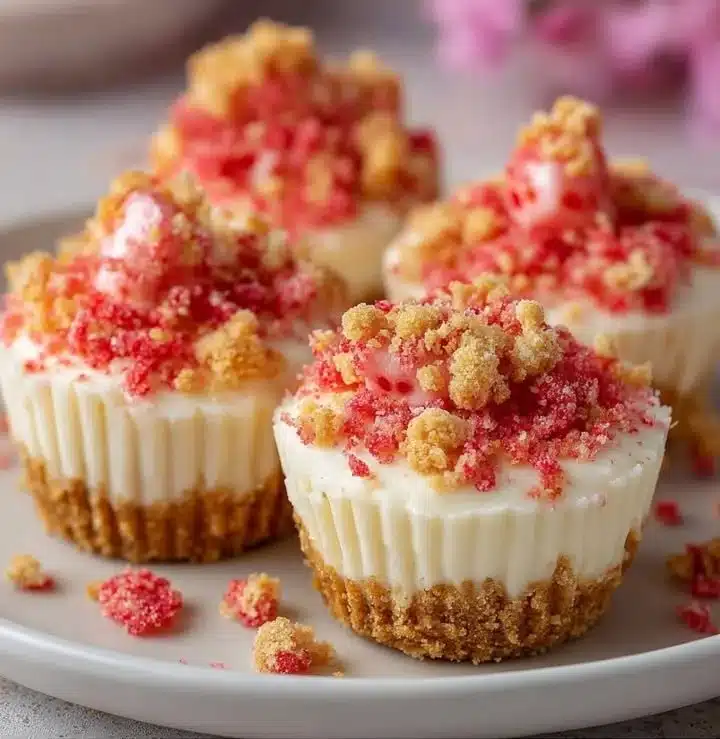 Strawberry crunch cheesecake bites on a plate, topped with fresh strawberries.