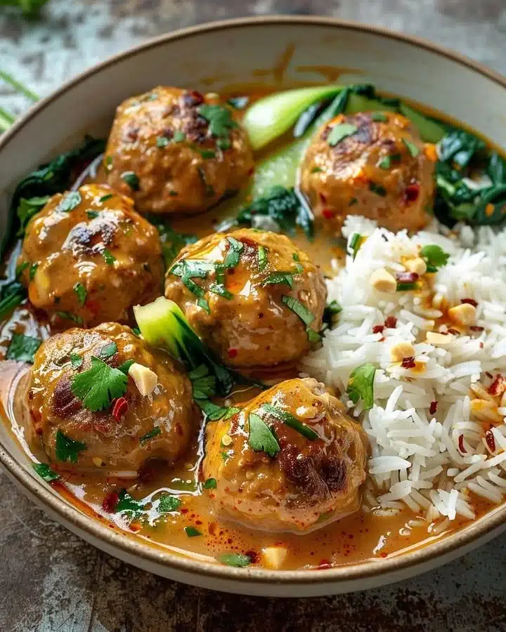 Thai Chicken Meatballs in Peanut Sauce 1 Thai Chicken Meatballs served in creamy peanut sauce garnished with herbs