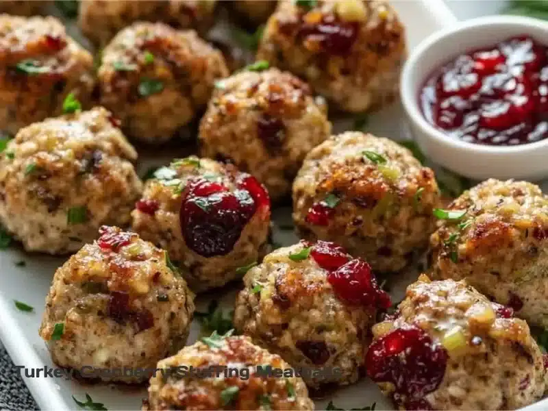 Delicious turkey cranberry stuffing meatballs served on a platter