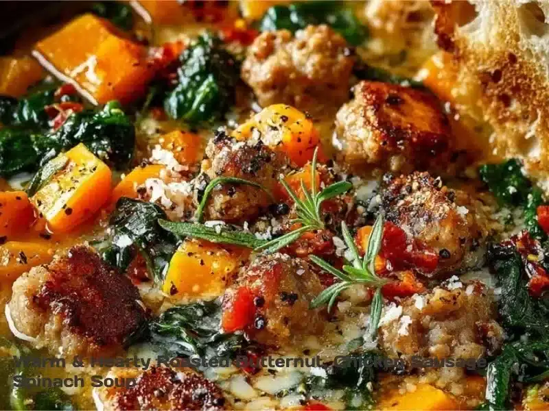 Warm & Hearty Roasted Butternut, Chicken Sausage + Spinach Soup 1 Bowl of warm and hearty roasted butternut soup with chicken sausage and spinach