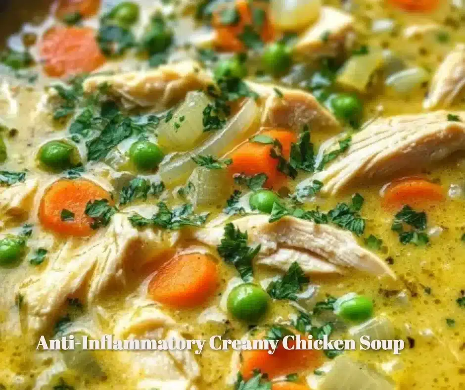 Bowl of anti-inflammatory creamy chicken soup with herbs and vegetables