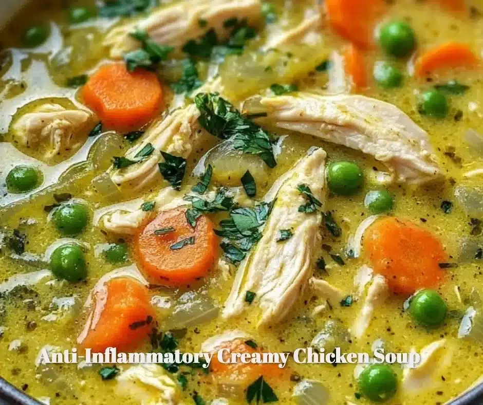 Bowl of Anti-Inflammatory Creamy Chicken Soup garnished with herbs.