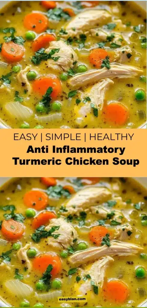 Bowl of anti-inflammatory turmeric chicken soup with herbs and spices