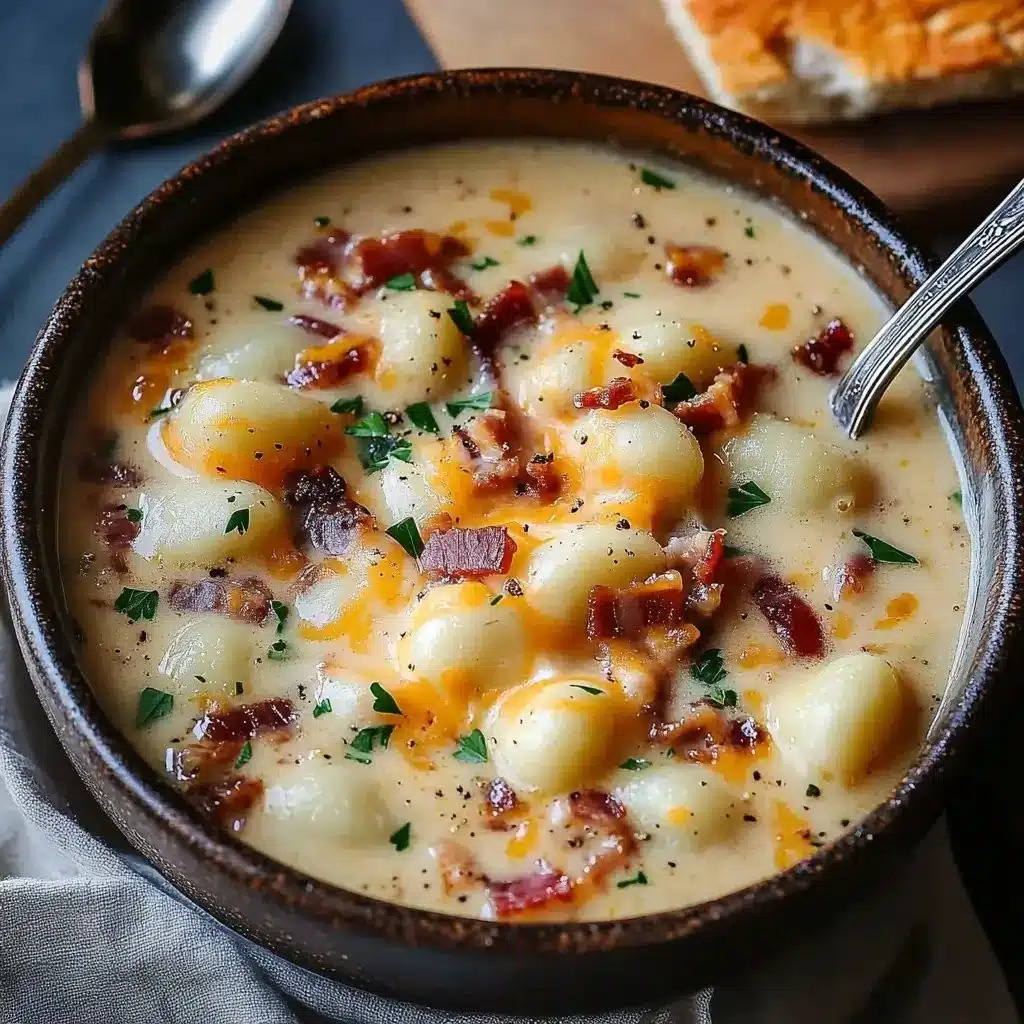 Bacon Cheddar Gnocchi Soup 1 Bowls of creamy bacon cheddar gnocchi soup garnished with herbs and cheese.