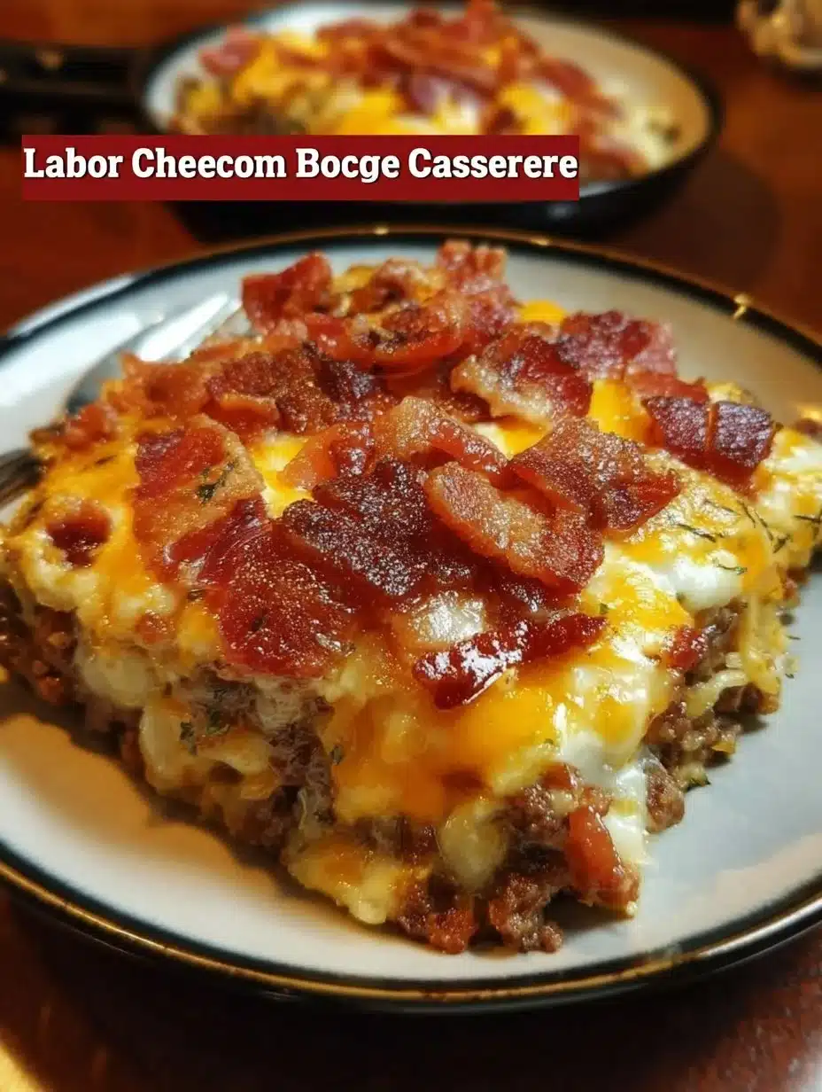 Bacon Cheeseburger Casserole 1 Delicious bacon cheeseburger casserole with melted cheese and crispy bacon on top