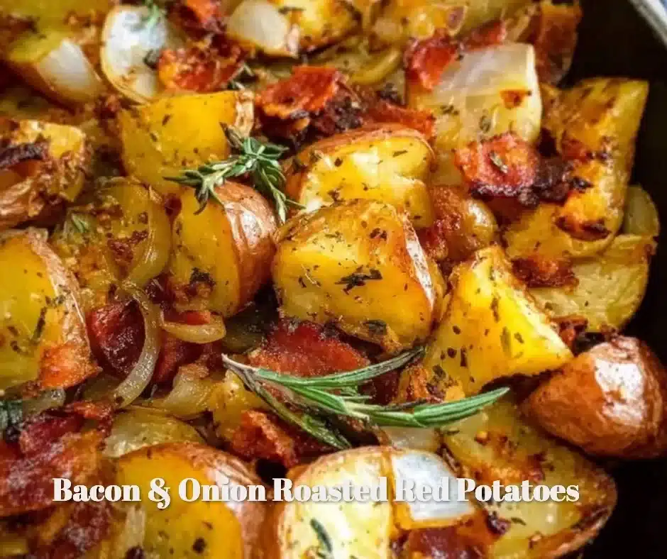 Bacon and Onion Roasted Red Potatoes served in a dish