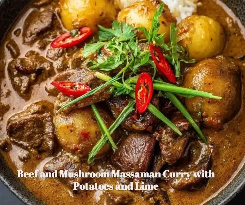 Beef and Mushroom Massaman Curry with Potatoes and Lime 1 Delicious Beef and Mushroom Massaman Curry with Potatoes and Lime served in a bowl