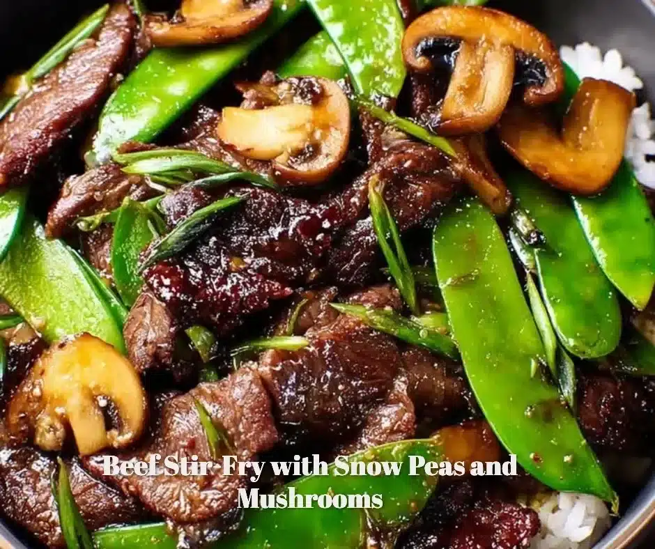 Beef Stir-Fry with Snow Peas and Mushrooms 1 Beef stir-fry with snow peas and mushrooms served in a bowl